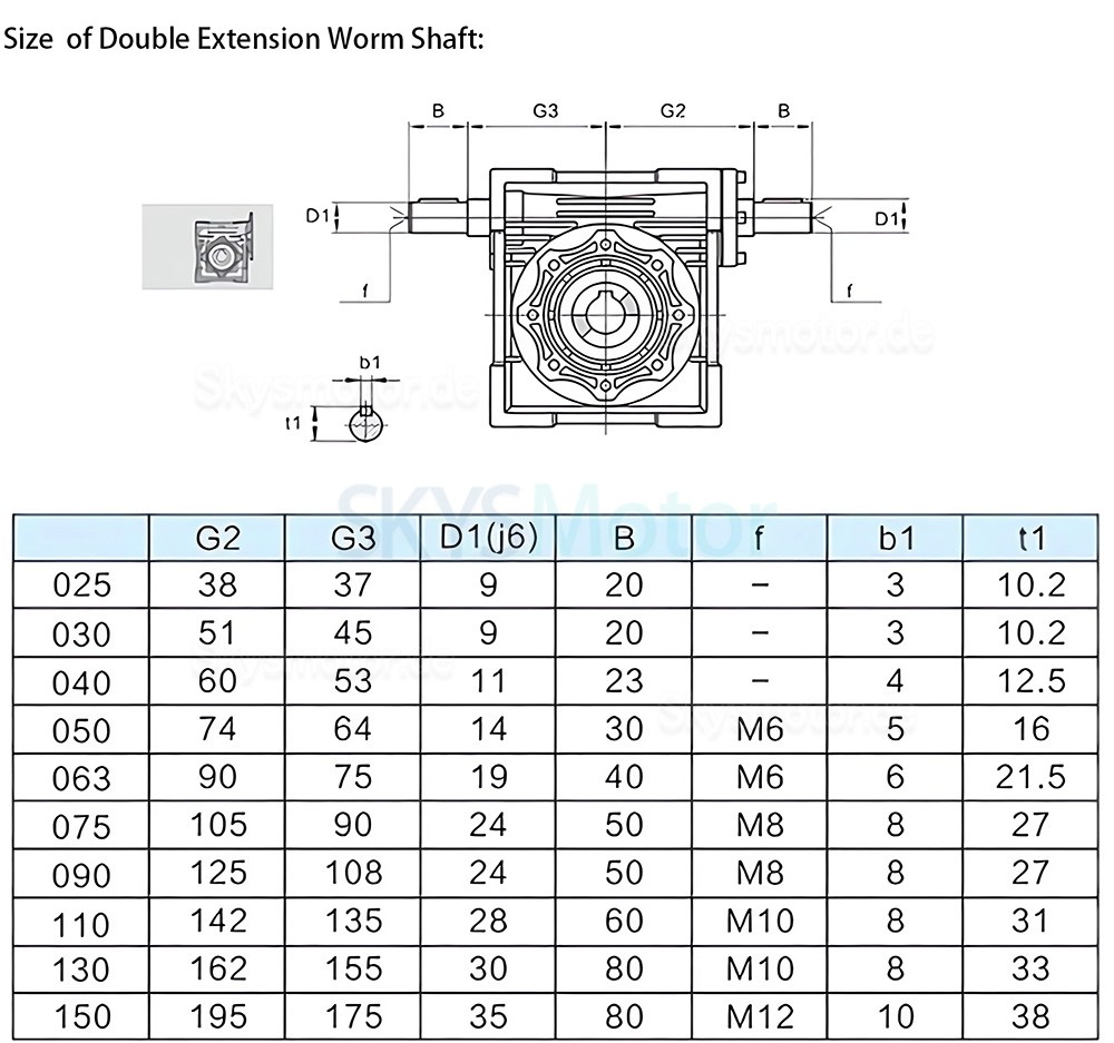 NRV-VS63 Schneckengetriebe, 0,3&ndash;2,8 kW, &Uuml;bersetzung 20:1, 118&ndash;160 Nm, mit doppelter Eingangswelle